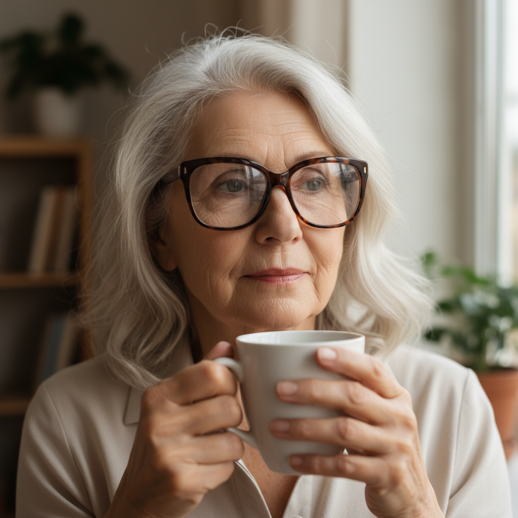 Silver-haired woman wearing oversized tortoiseshell acetate frames, face angled toward window light, hand resting on white ceramic mug