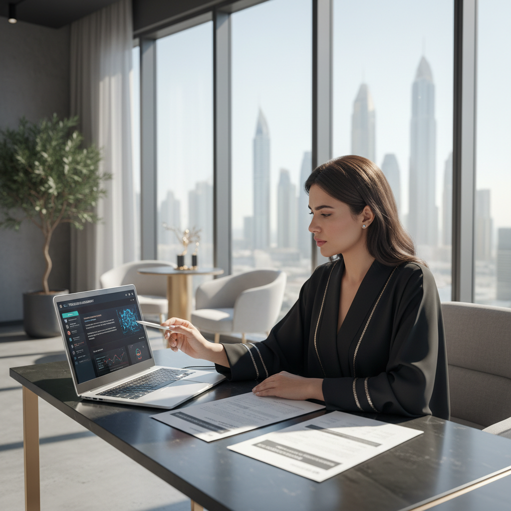 Professional woman in ivory linen abaya in modern office setting