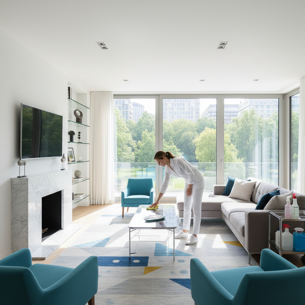 Professional cleaner in white uniform cleaning a bright modern living room in Kolkata