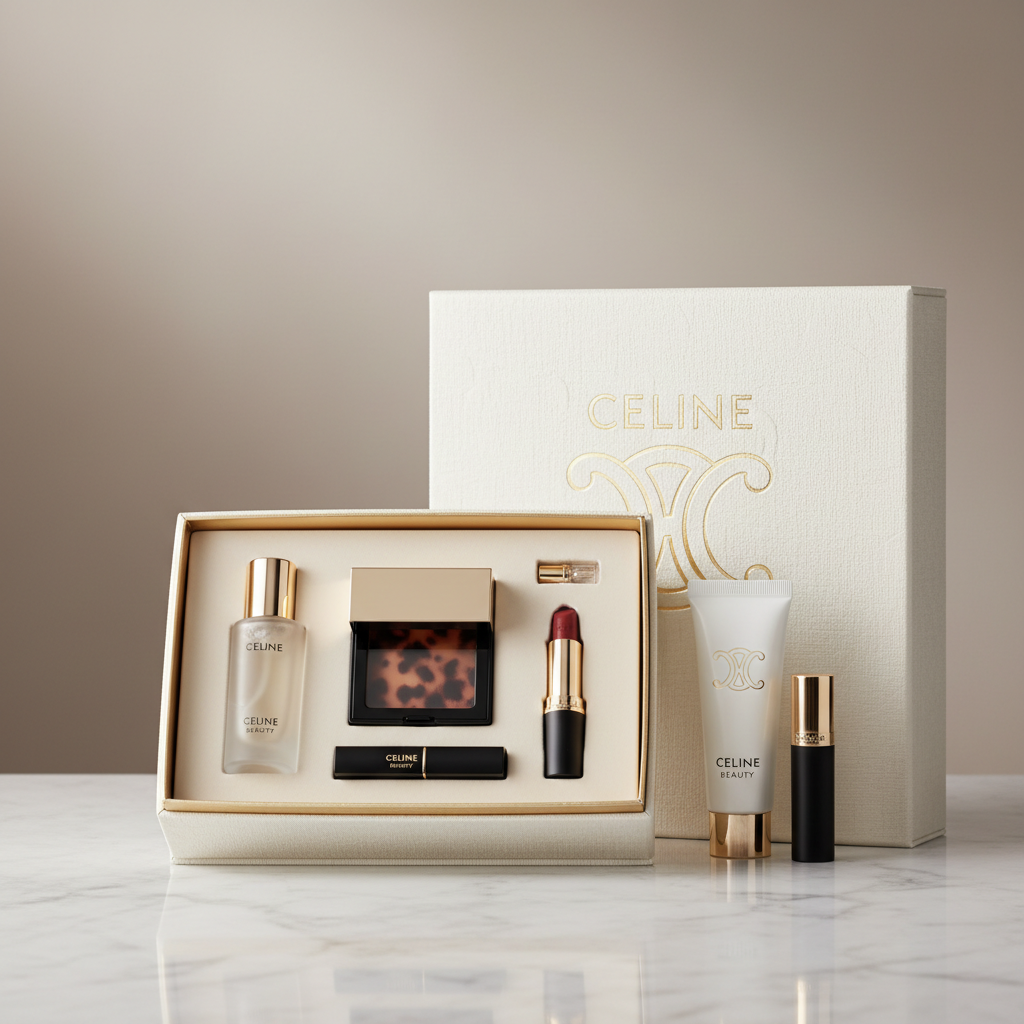Luxury beauty gift set with multiple products arranged in branded packaging