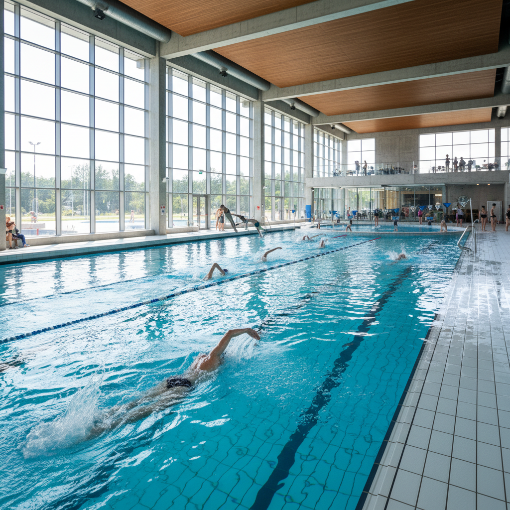Athletes mid-motion inside a modern finished aquatic facility