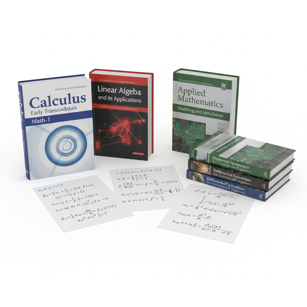 Mathematics textbooks and equations representing Math-1 and Applied Mathematics courses