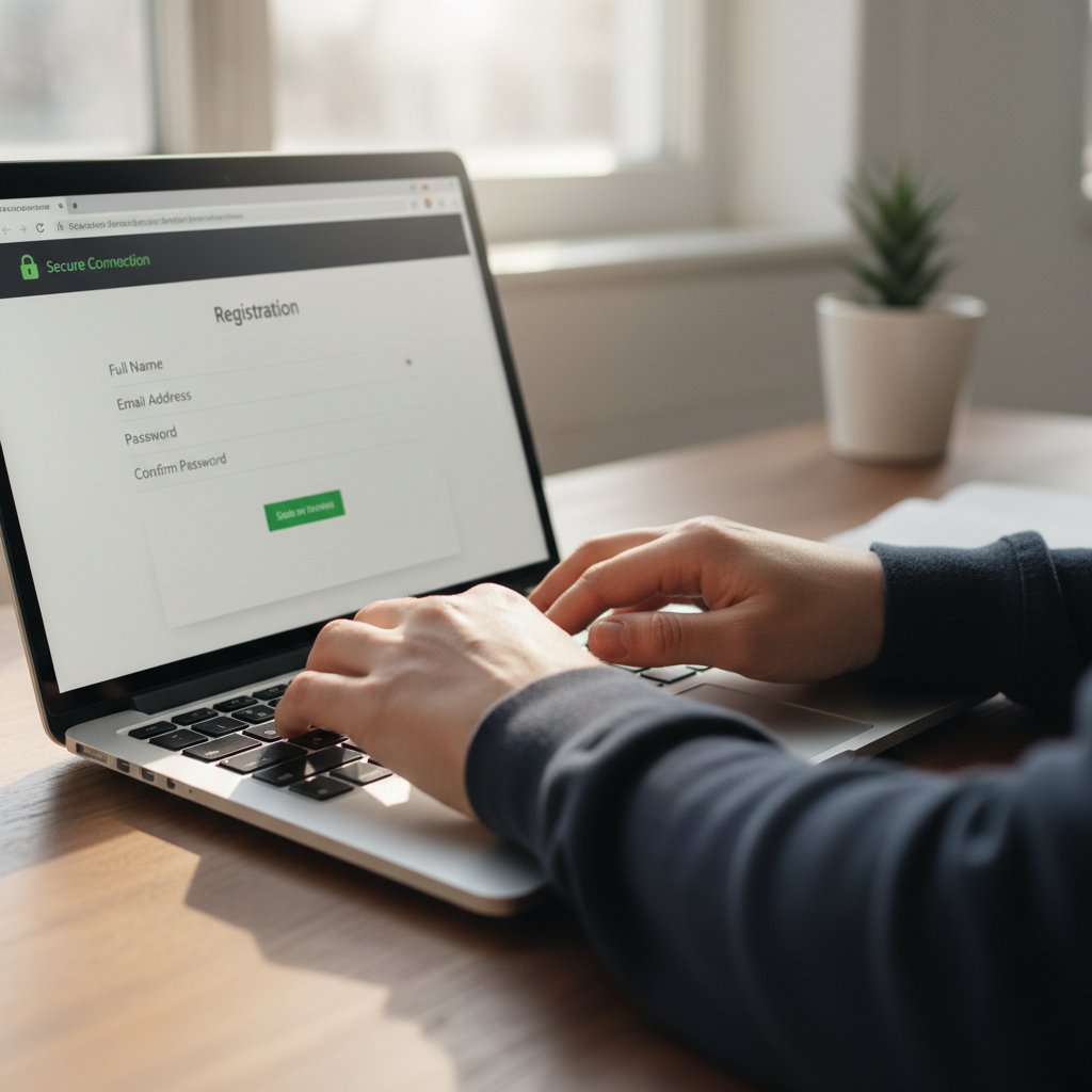 Person registering on a laptop with a secure login form on screen