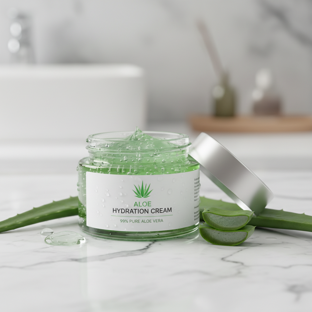 Natural aloe vera skincare cream in a clean glass jar with fresh aloe leaf beside it on white background