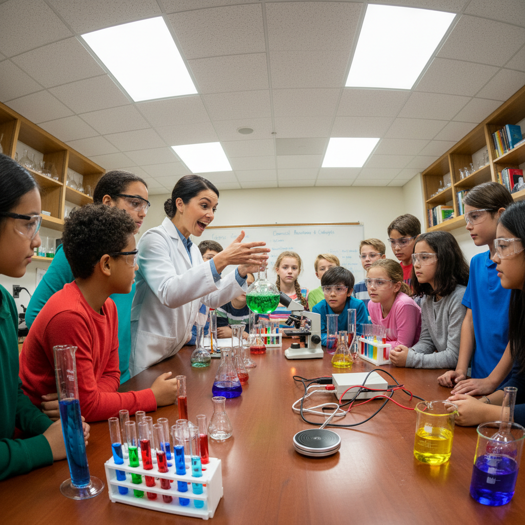 Teacher explaining science concepts to attentive students in lab