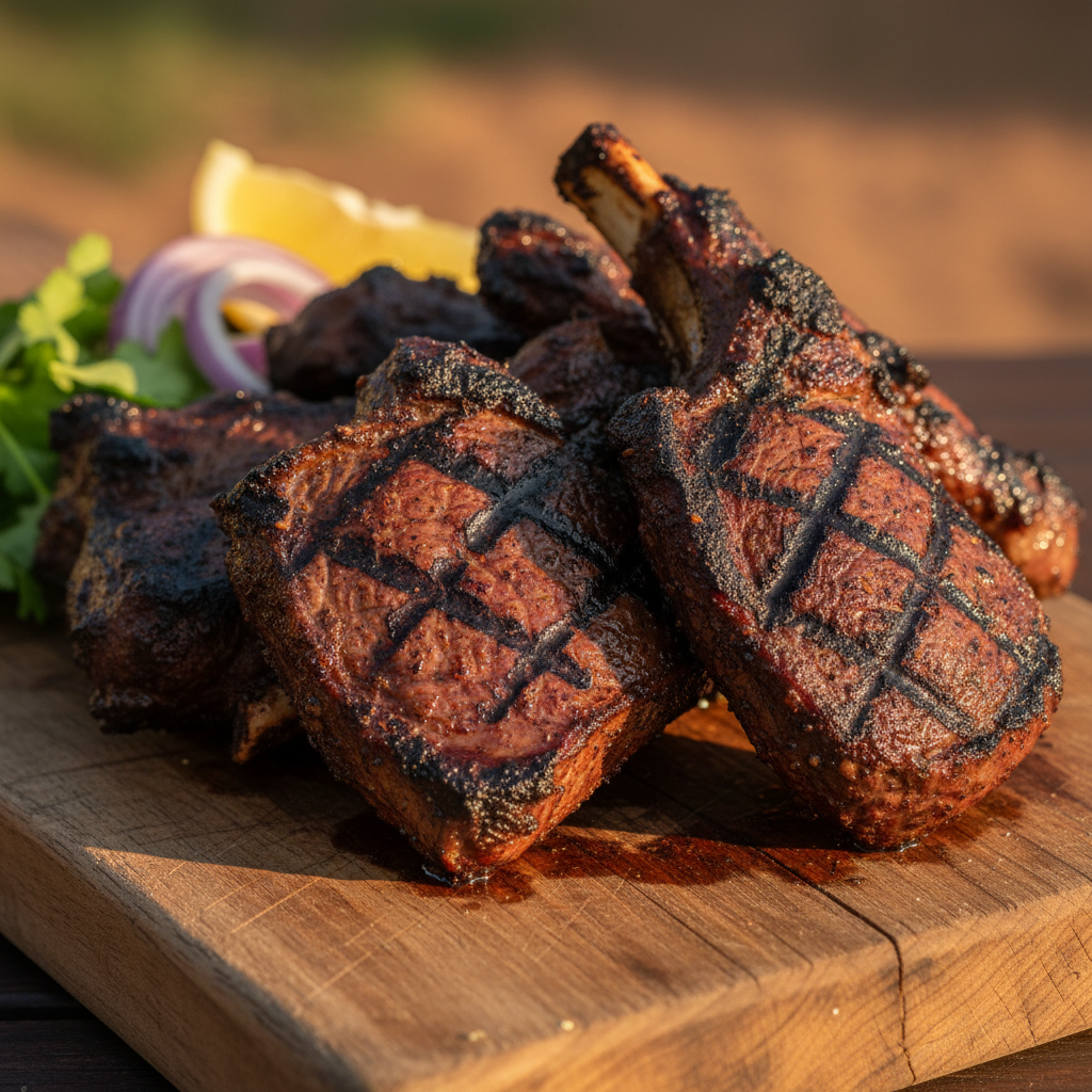 Nyama Choma grilled meat on wooden board with kachumbari salad