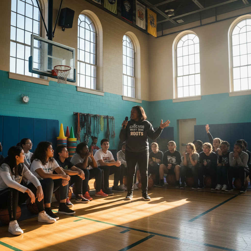 Community organizer in Chicago West Side neighborhood with youth group in a gymnasium