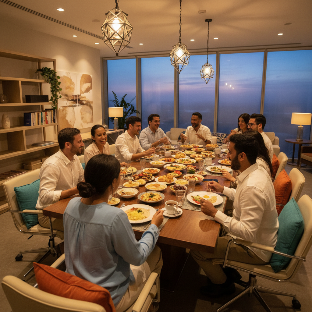 Professional team sharing suhoor brunch in modern office setting with warm decorations