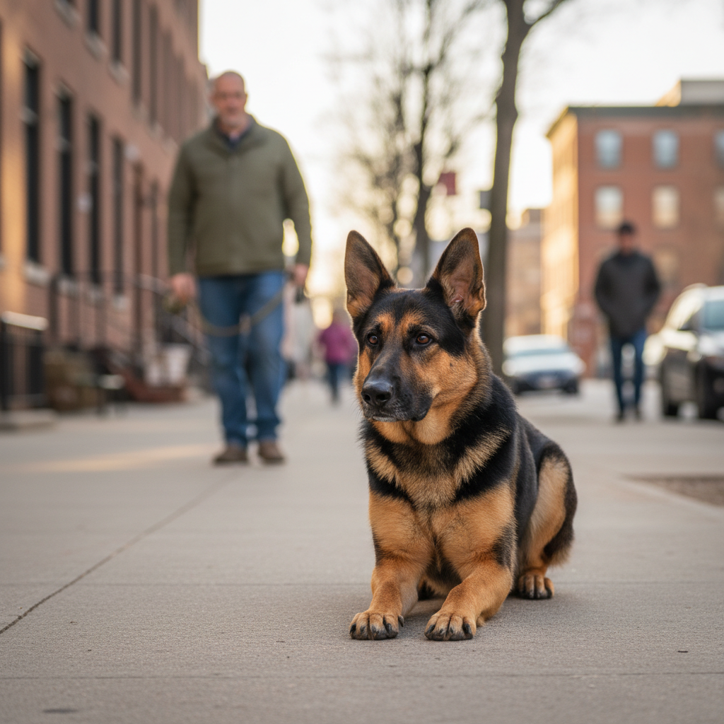 German shepherd dog holding a down-stay ten feet from a stranger on a sidewalk