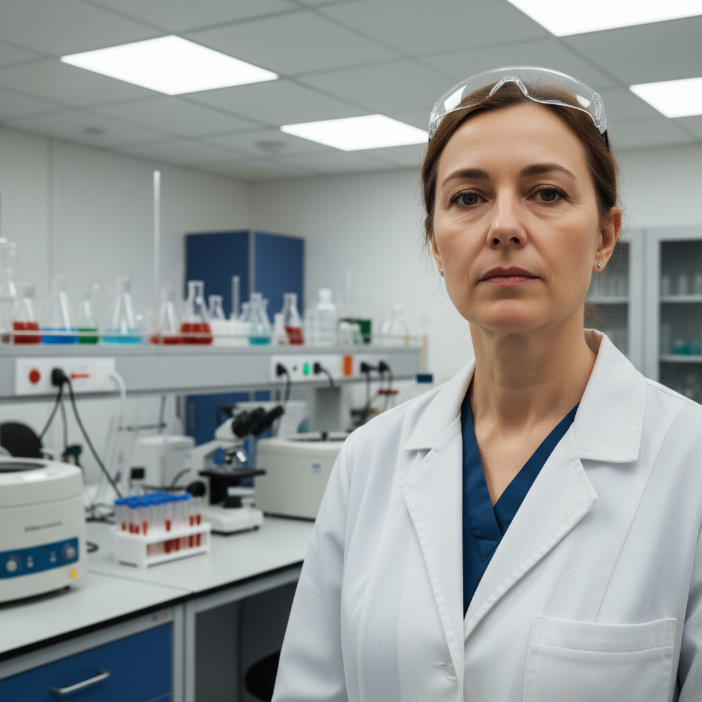 Elena Marchetti, LuxeBeauty founder and chief cosmetic formulator, portrait in white lab coat