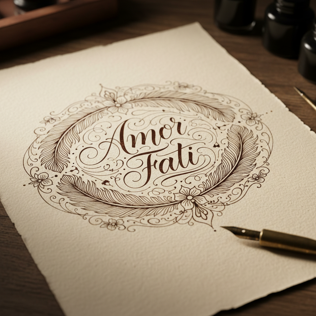 Pointed pen calligraphy on cream paper with ornate flourishes