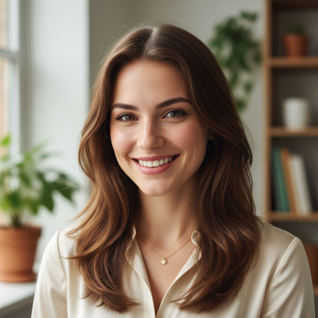 Professional woman with brown hair in navy blazer smiling at camera