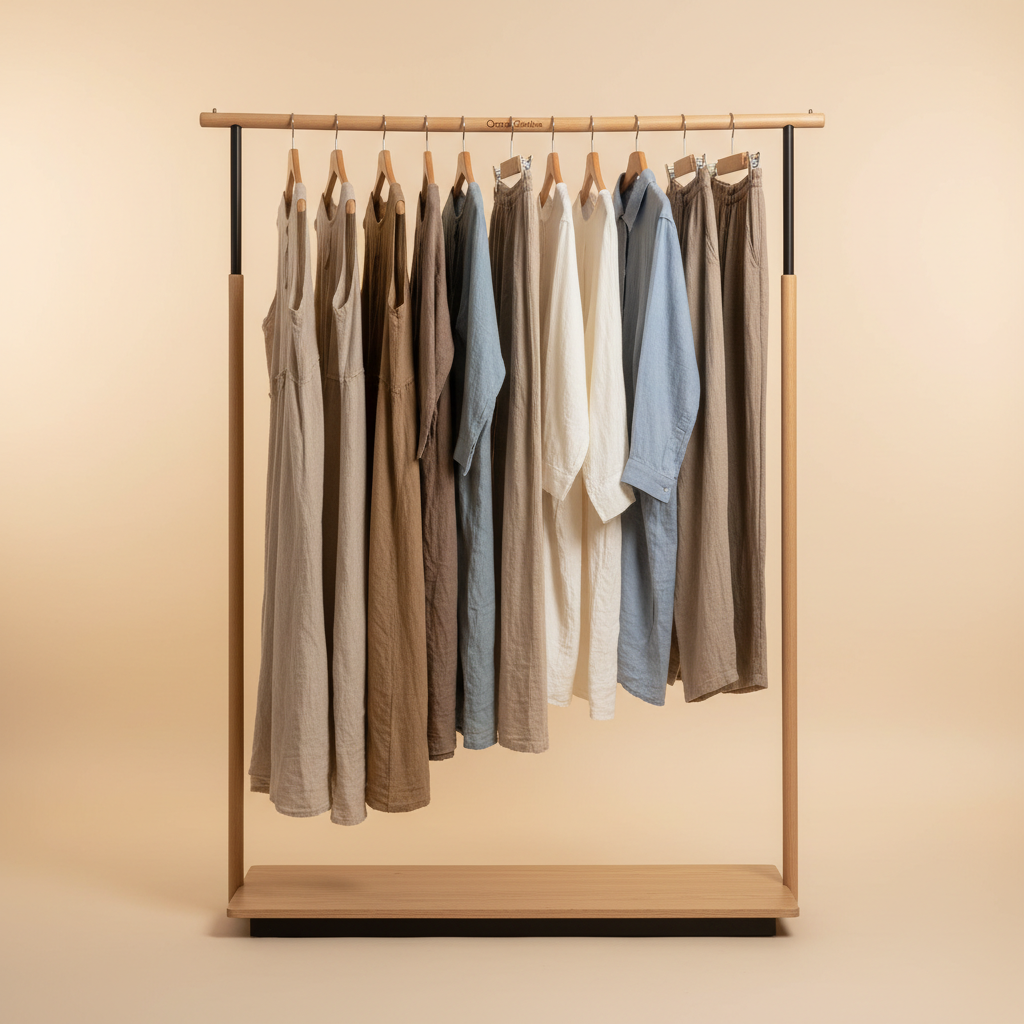 Fresh spring clothing items hanging on minimal rack, light airy studio, warm natural light