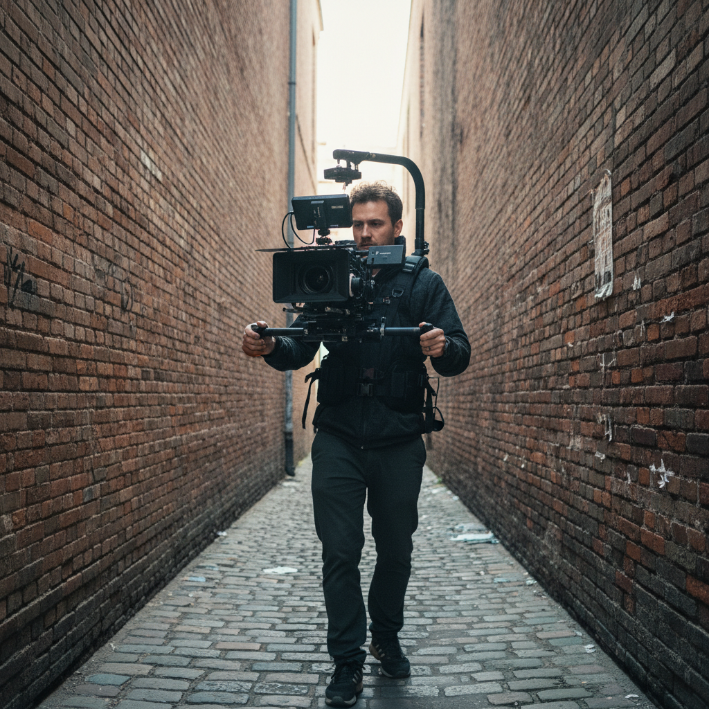Steadicam operator walking through narrow alley during documentary shoot
