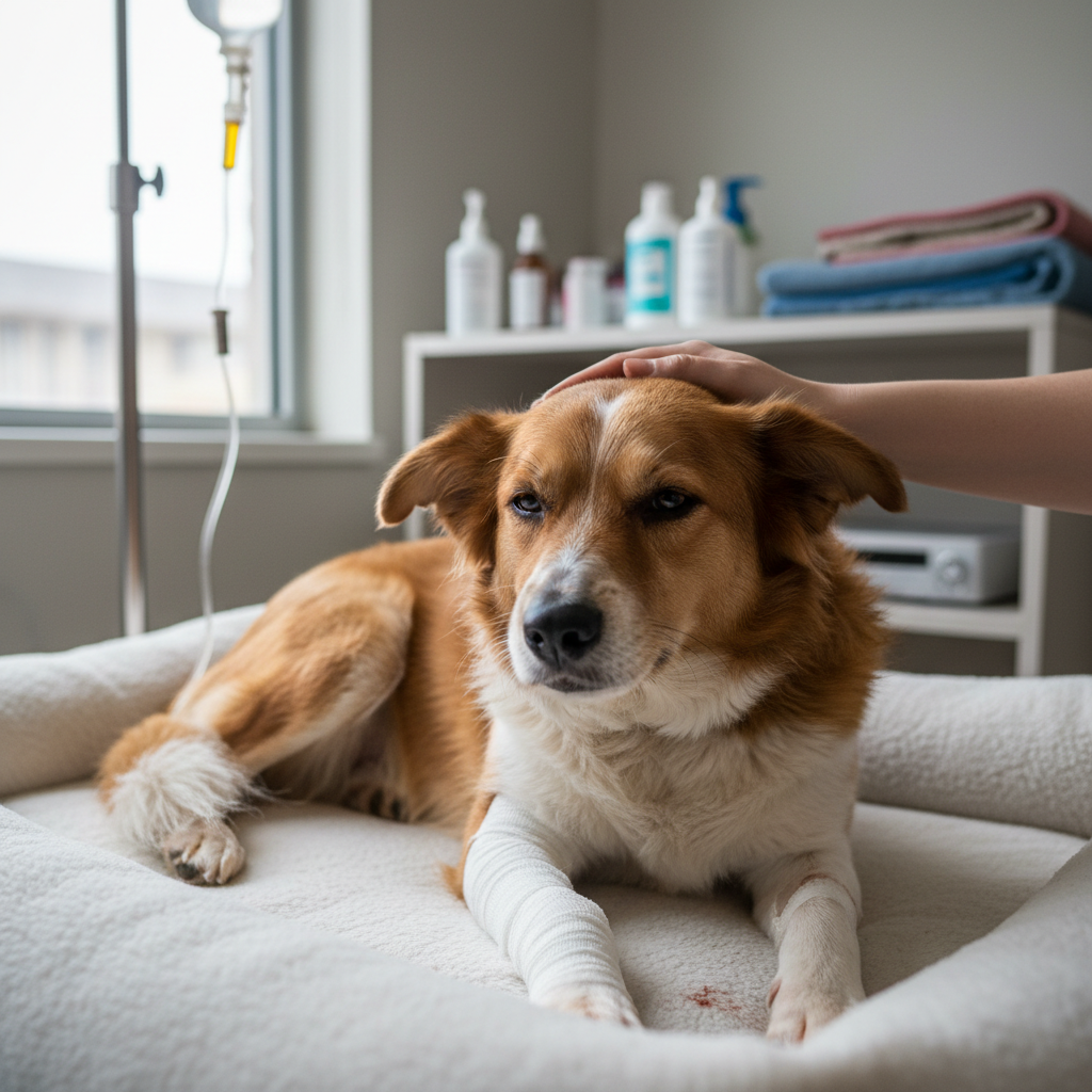 Small rescue terrier mix with bandaged paw being cared for by a vet technician