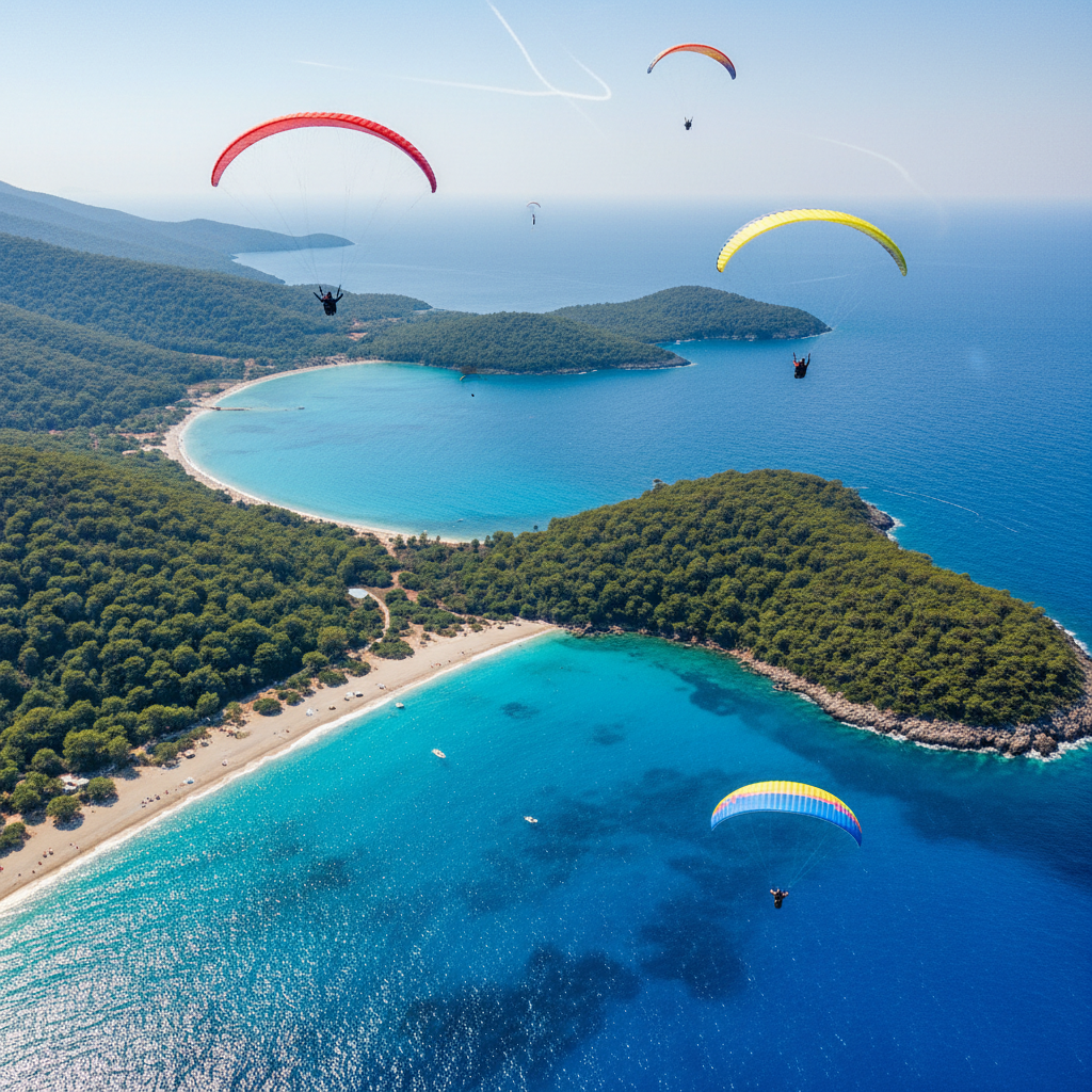 Aerial panoramic view of Fethiye bay with turquoise water, surrounding mountains and forested hillsides, golden hour light