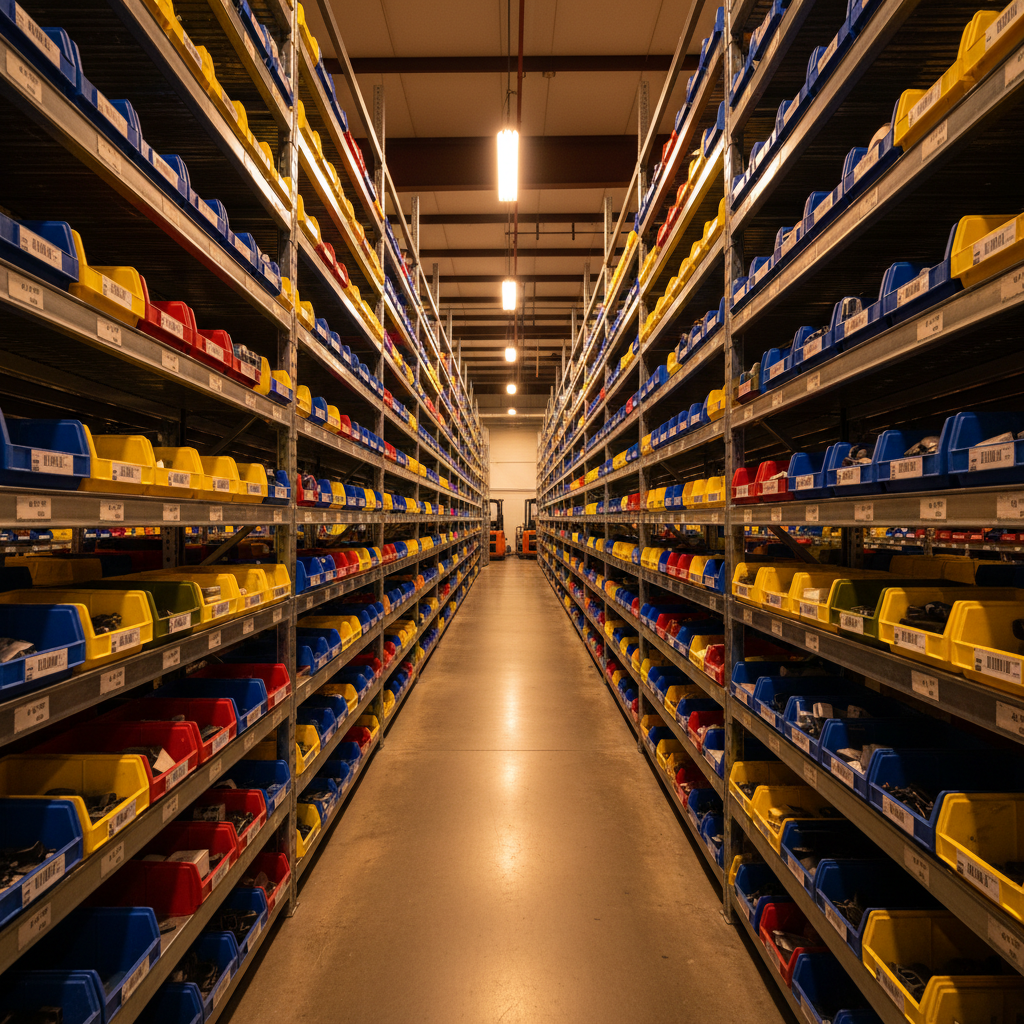 Organized rows of diesel injection pump spare parts in metal bins, industrial warehouse shelving, cool fluorescent lighting