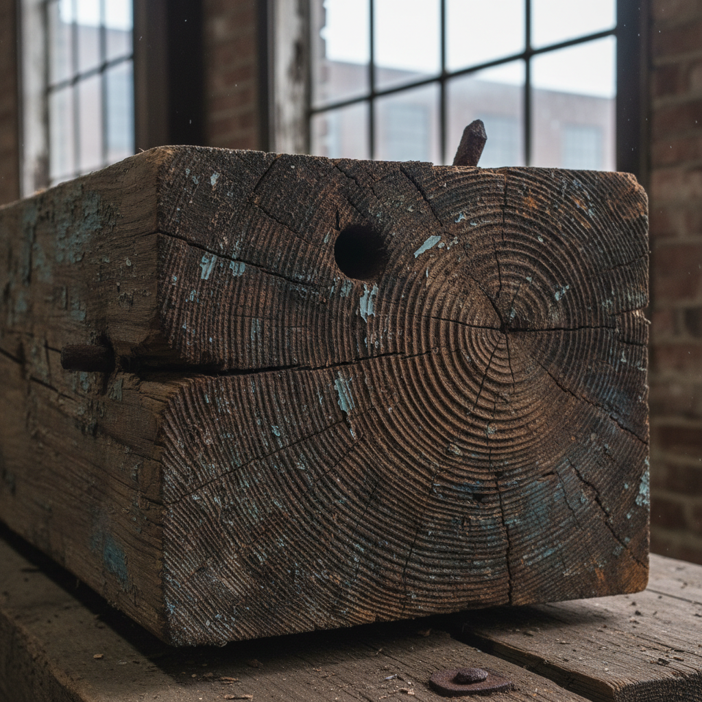 Dense longleaf pine beam with tight grain rings showing century of growth, squared edges with patina from original industrial use