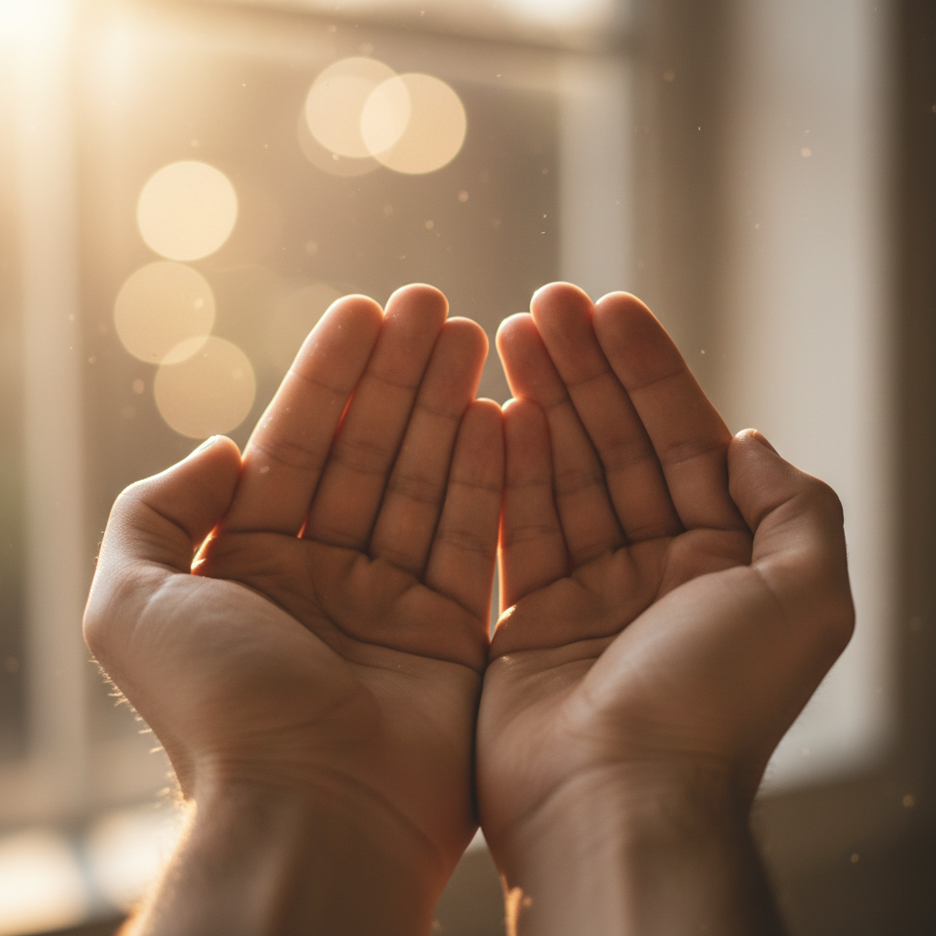 Person sitting quietly in morning prayer with hands folded and warm sunlight streaming through a window