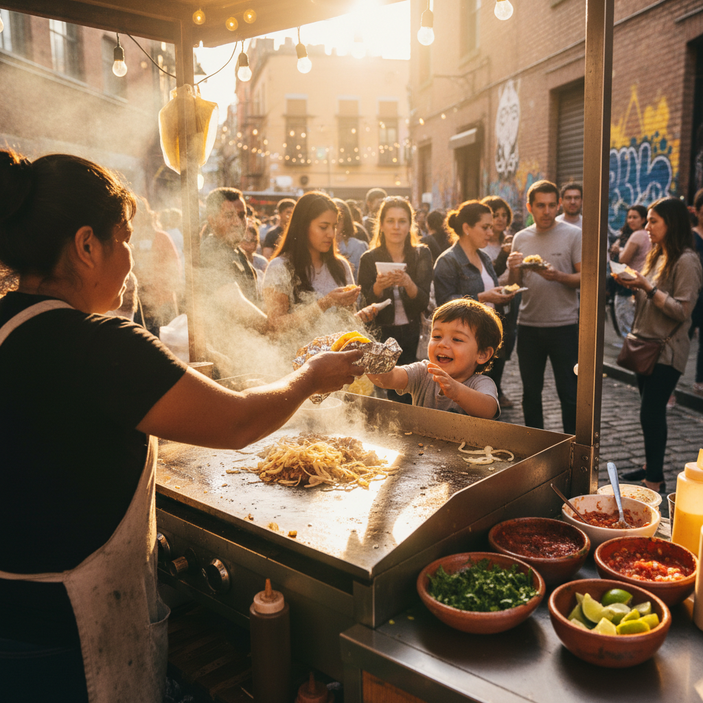 Golden-hour view from behind the plancha counter — steam rising off the griddle, a woman handing a foil-wrapped taco to a child on tiptoes, orange grease catching the late afternoon light
