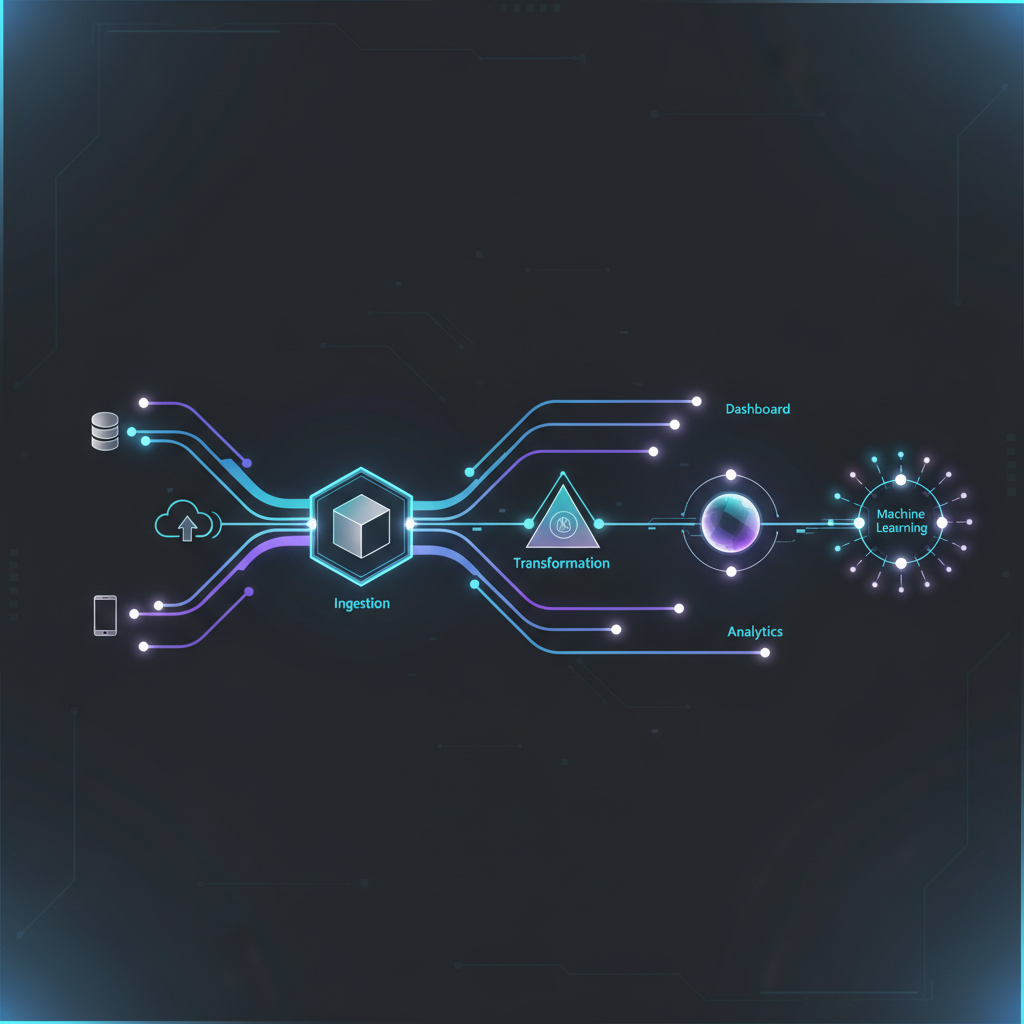 AI interface showing autonomous code generation with flowing data visualization in dark theme