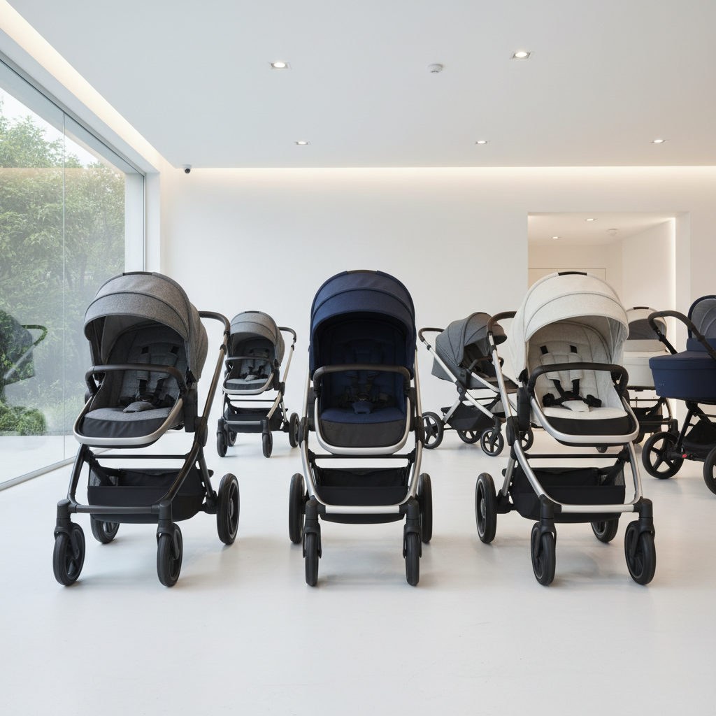 Modern strollers displayed in a bright showroom with white floors