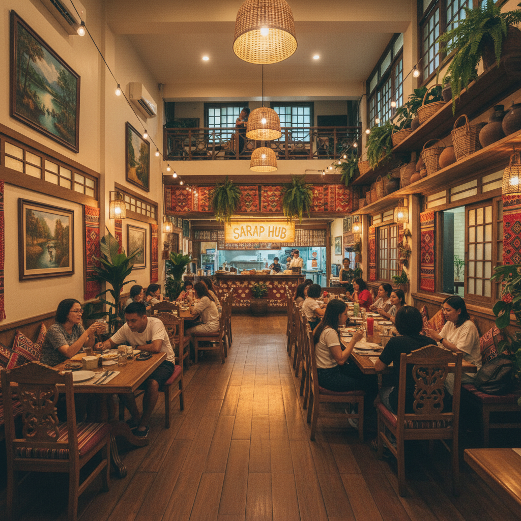 Filipino restaurant interior with traditional wooden tables and colorful decorations