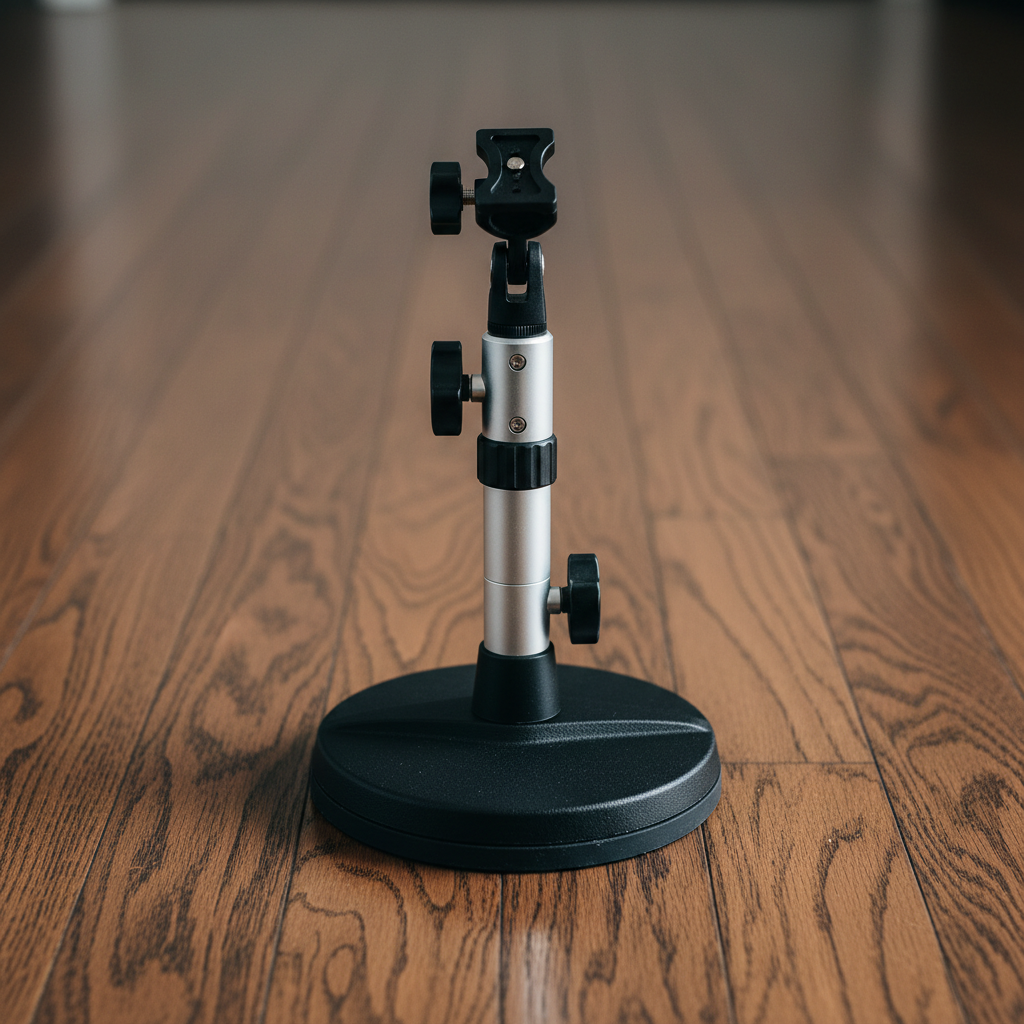 Adjustable compact microphone stand with round base on wooden floor
