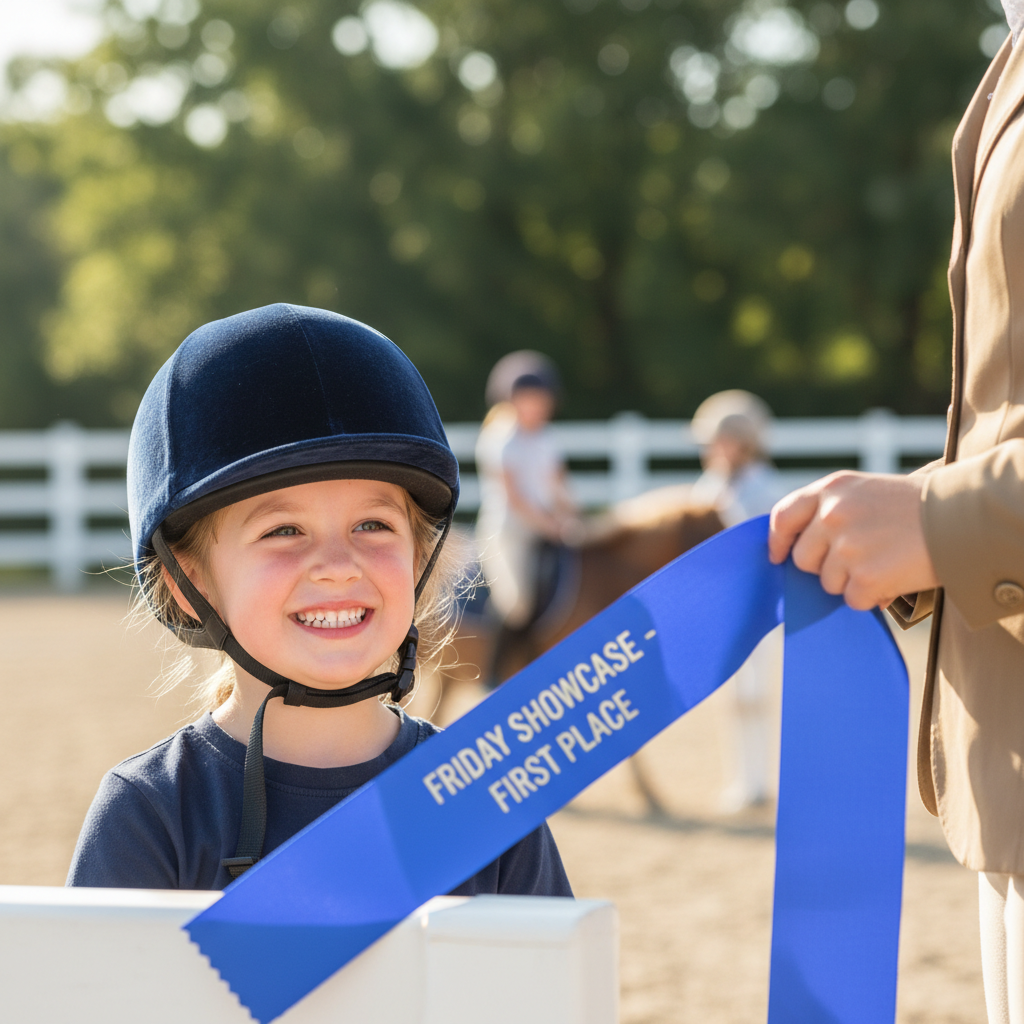 Child in riding helmet receiving ribbon at Friday showcase, beaming with pride
