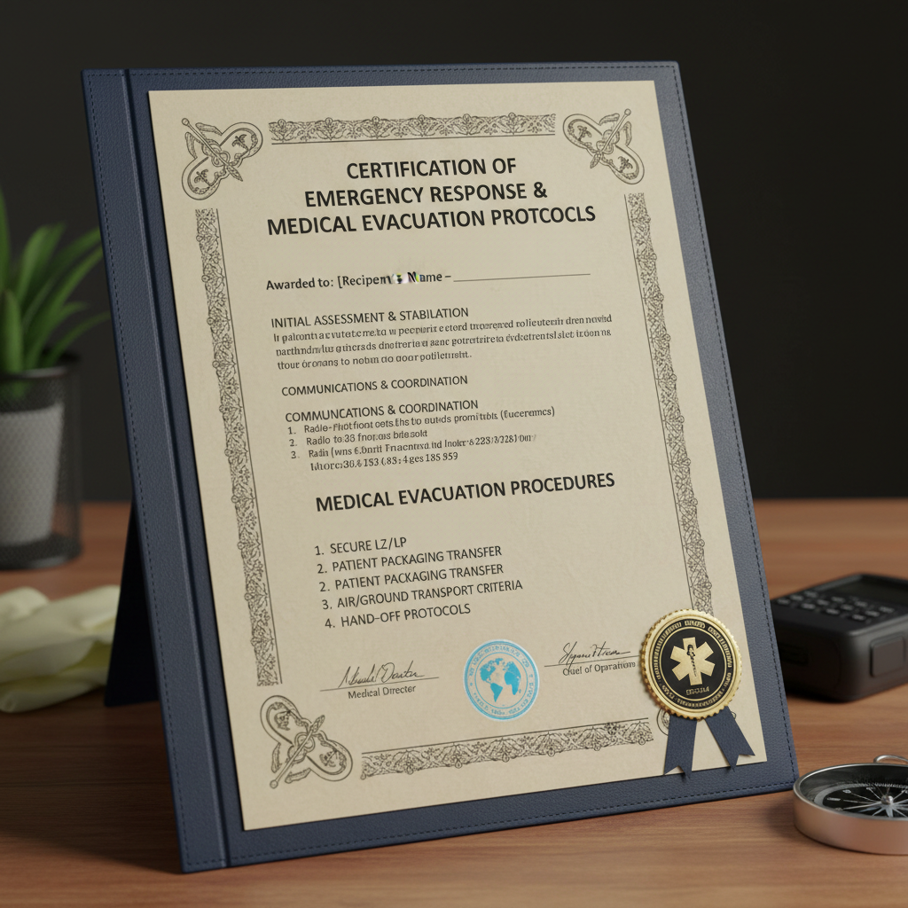 Emergency response certification document with medical evacuation protocols