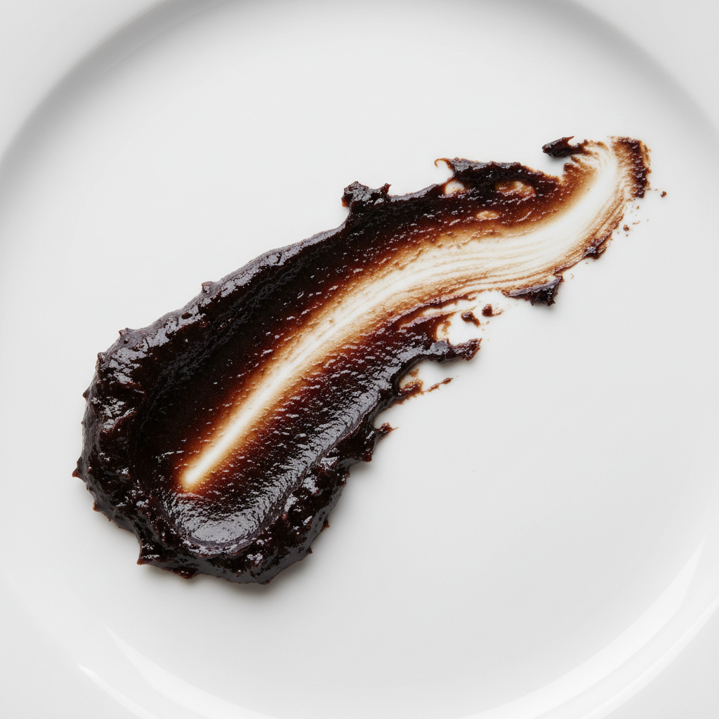 Fermented black garlic dragged across white porcelain in abstract stroke