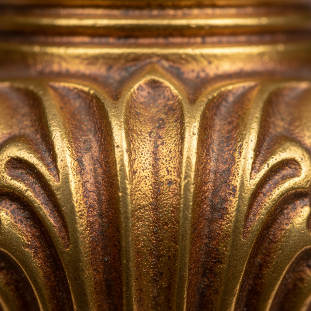 Extreme macro close-up of aged brass furniture ferrule showing warm golden patina texture and oxidized surface detail