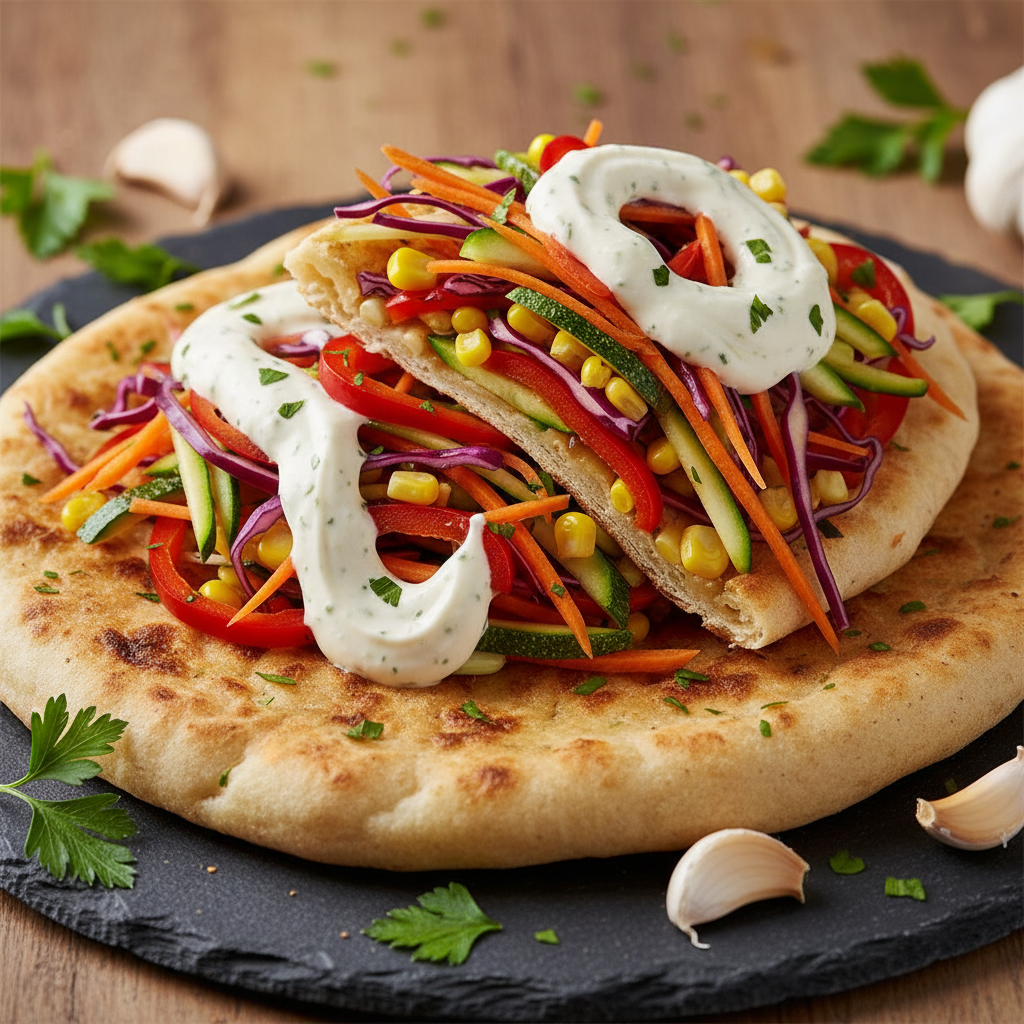 Grilled chicken shawarma halal style with warm flatbread, fresh vegetables, and golden spices on dark stone surface