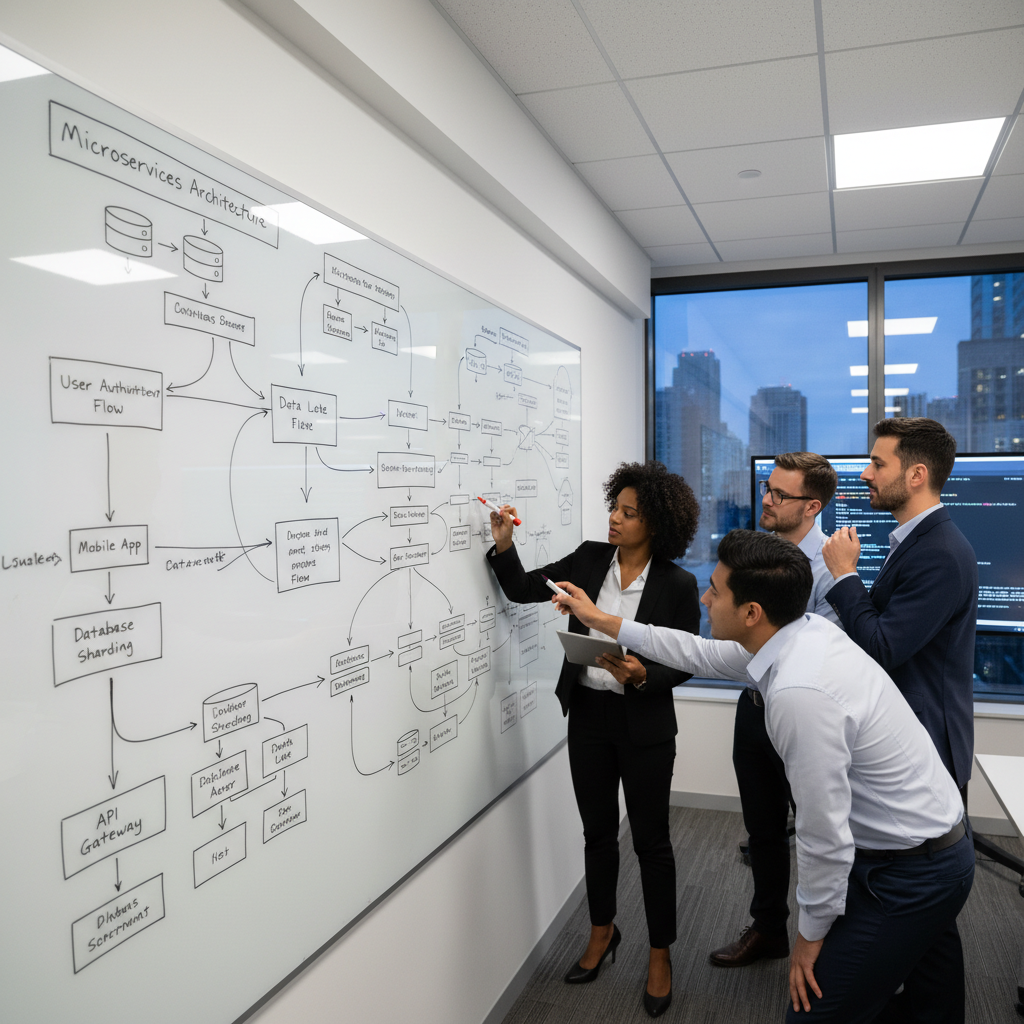 Engineers gathered around a whiteboard covered in system design diagrams, arrows, and database schemas