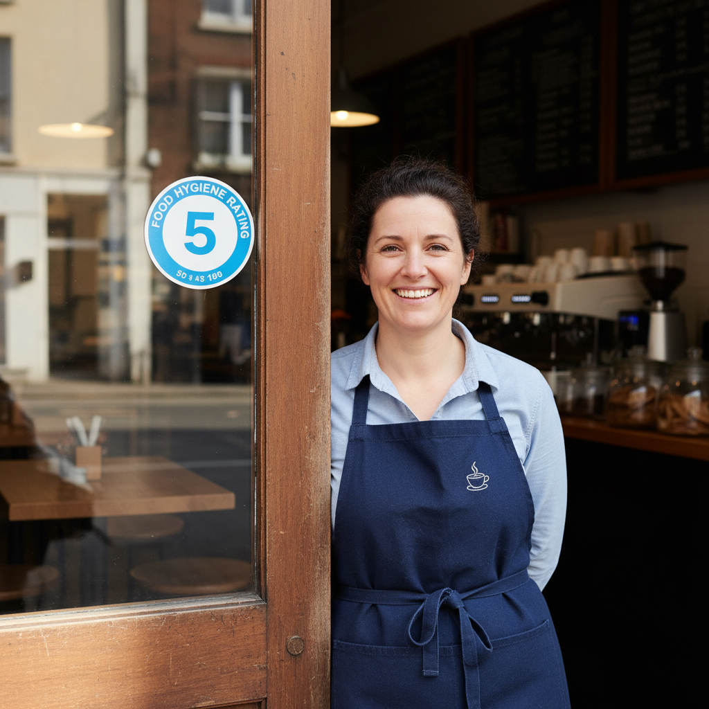 Café owner in apron leaning against doorframe smiling with hygiene rating sticker on glass door behind her