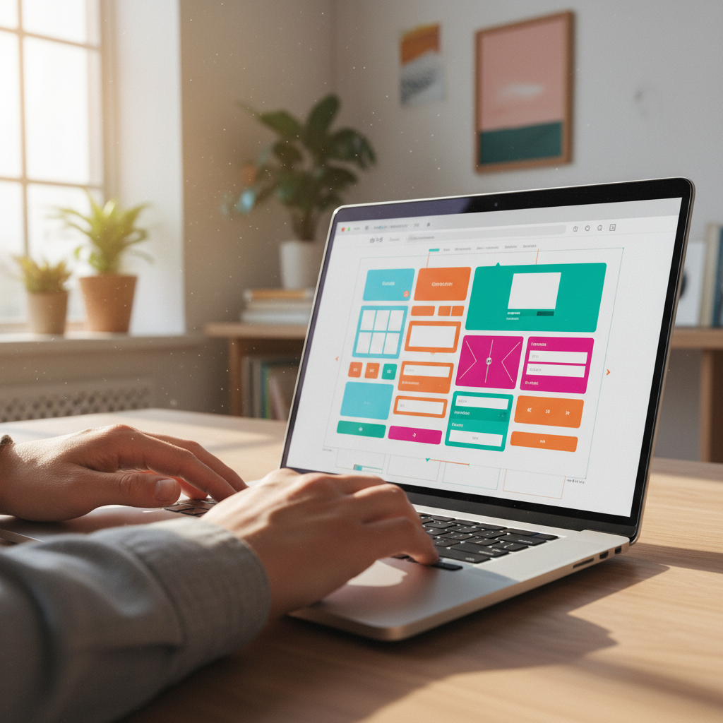 Designer working on laptop with colorful UI design on screen