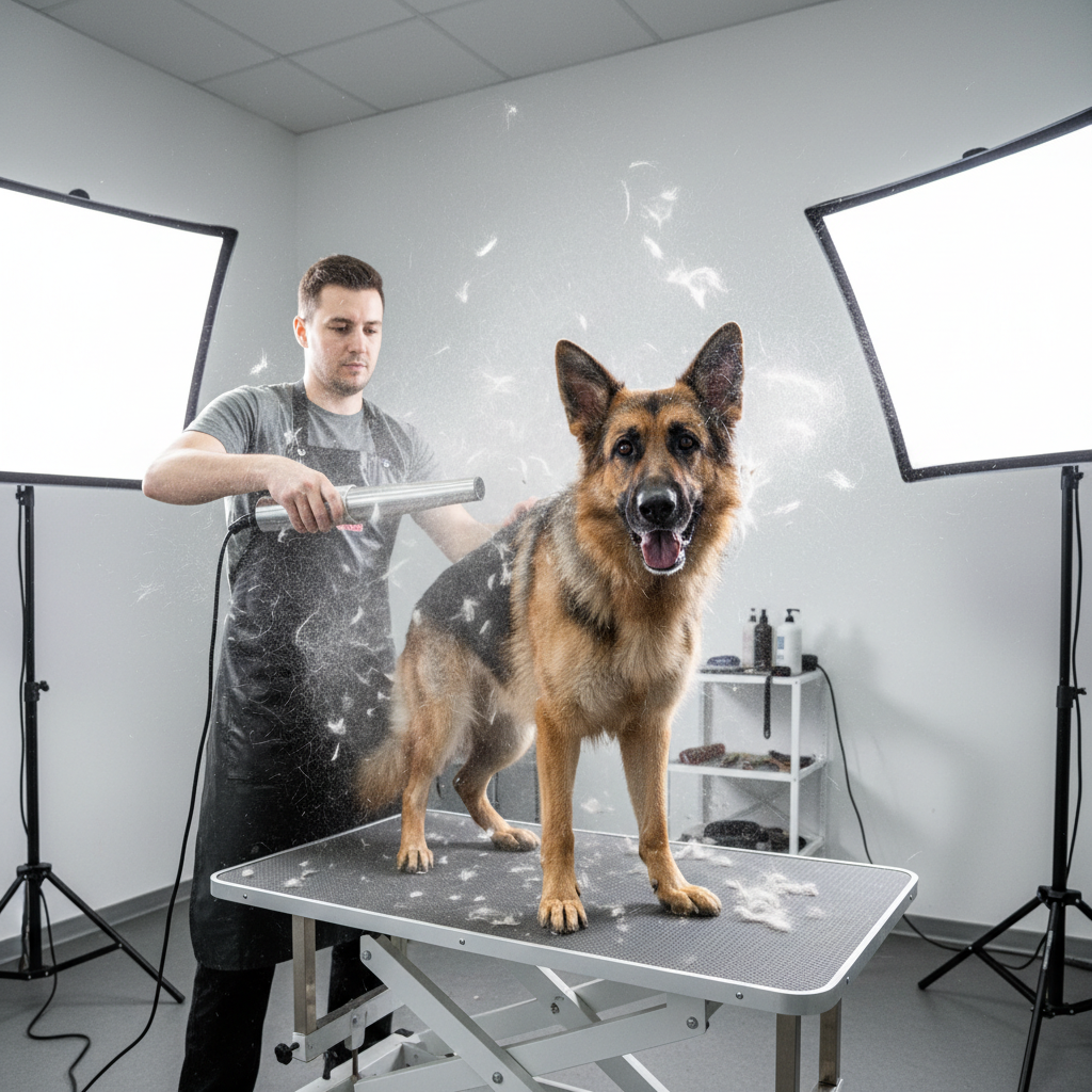 Groomer using high-velocity dryer on German Shepherd, undercoat lifting like snow in backlit studio