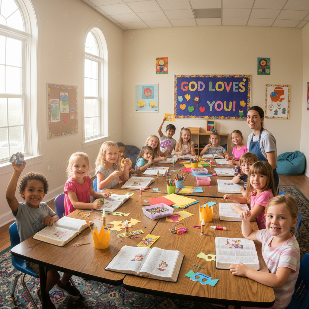 Children participating in a fun activity during Sunday school with colorful materials