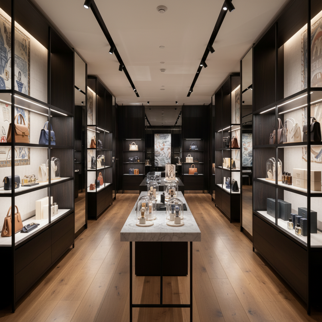 Upscale apparel chain retail store with matching track lighting over clothing racks and branded signage