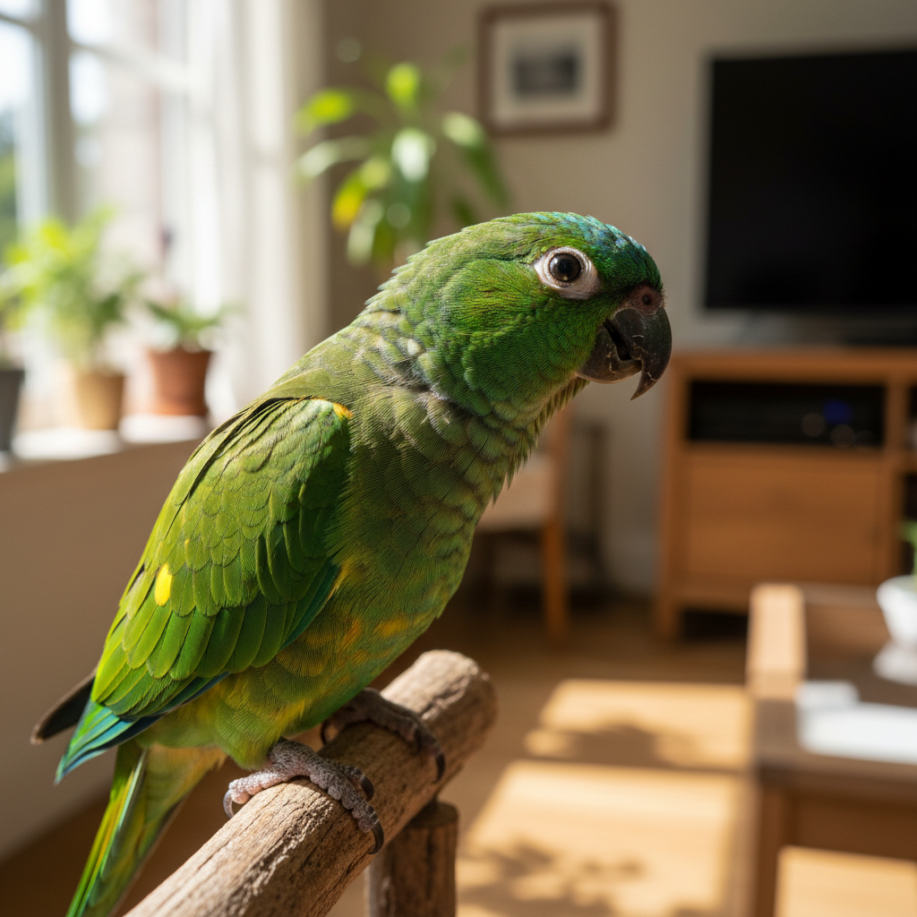 Bright green conure turning its head attentively toward its owner