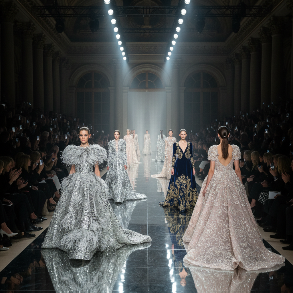 Fashion runway scene with models in dark evening wear, dramatic stage lighting, atmospheric shadows