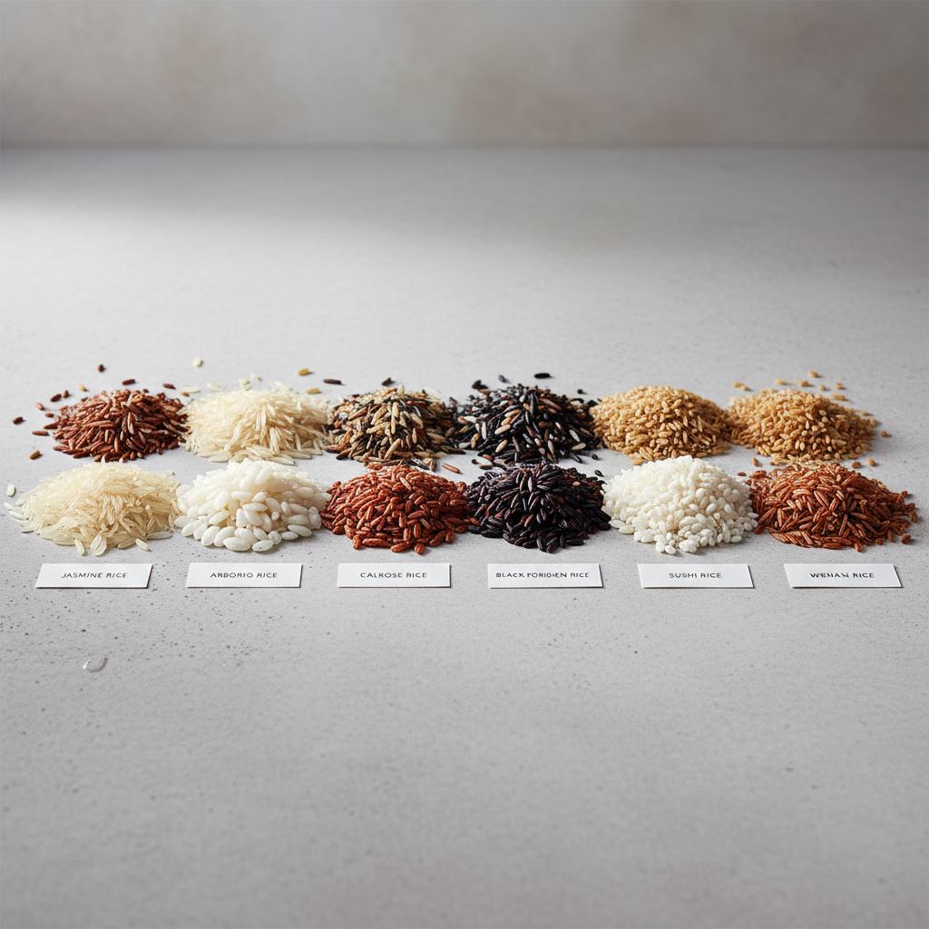 Premium rice varieties displayed showing different grain types and quality grades for wholesale