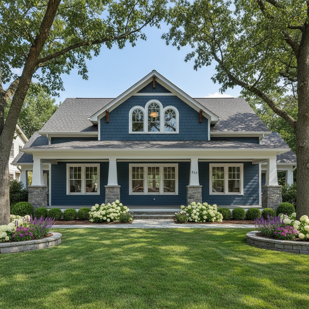 Beautiful exterior home renovation with new fiber cement siding, covered front porch, and professional landscaping