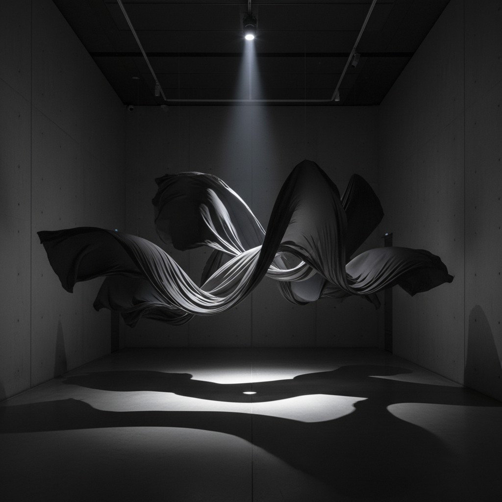 Contemporary art installation with flowing silk fabric suspended from ceiling, dramatic gallery lighting, deep shadows, minimal space