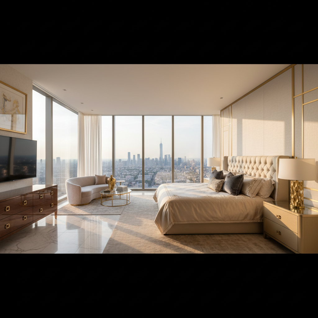 Luxurious hotel room with private balcony, panoramic valley view, plush seating, gold accent decor, warm evening light