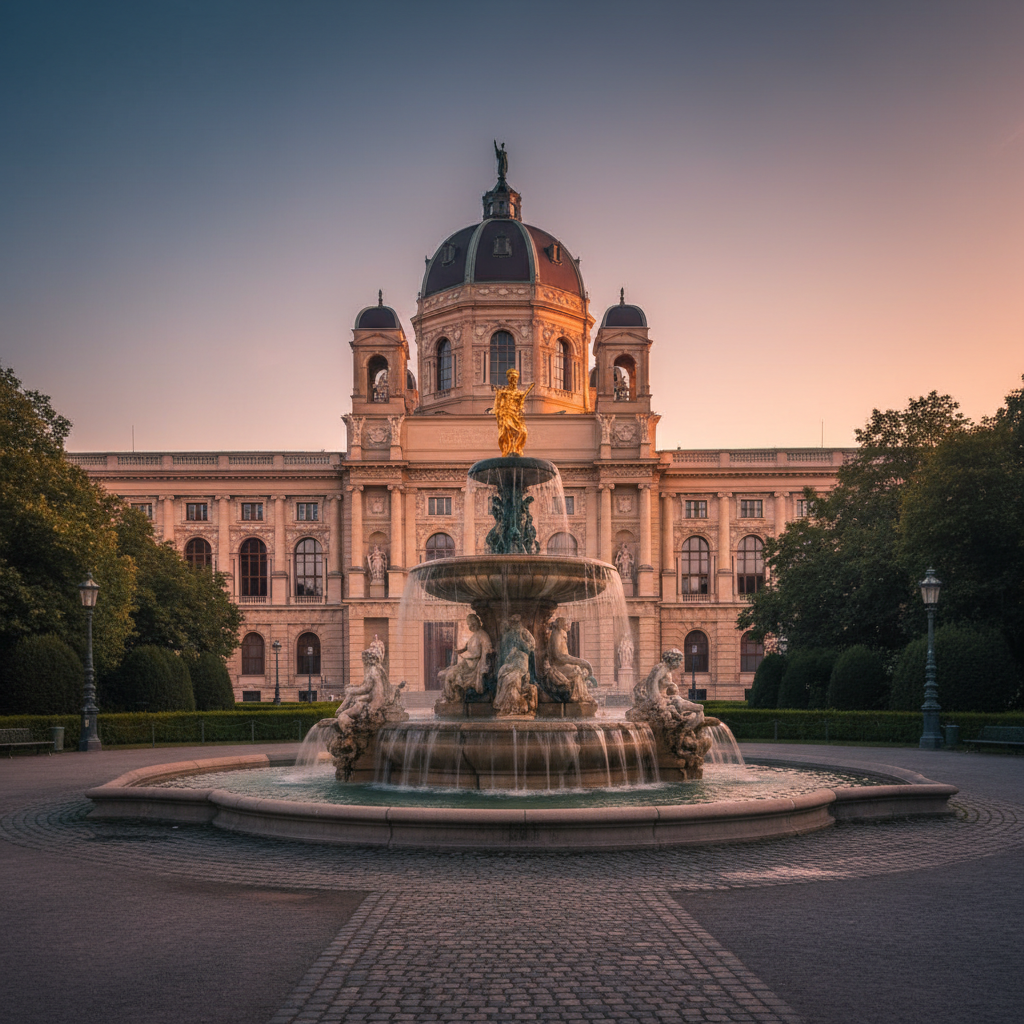 Kunsthistorisches Museum Wien mit Kuppel und Brunnen im Abendlicht