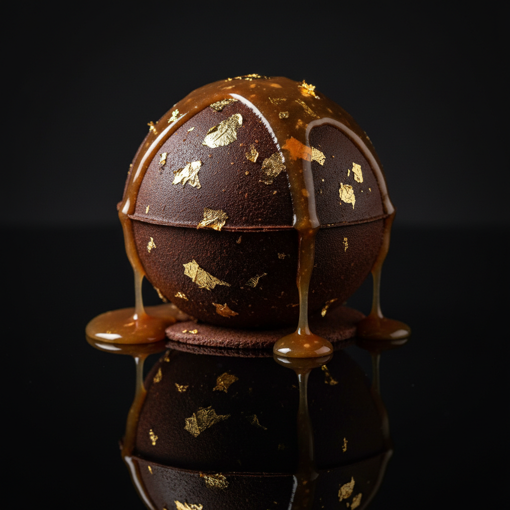 Dark chocolate sphere dessert with gold leaf and caramel sauce being poured over, dramatic restaurant lighting
