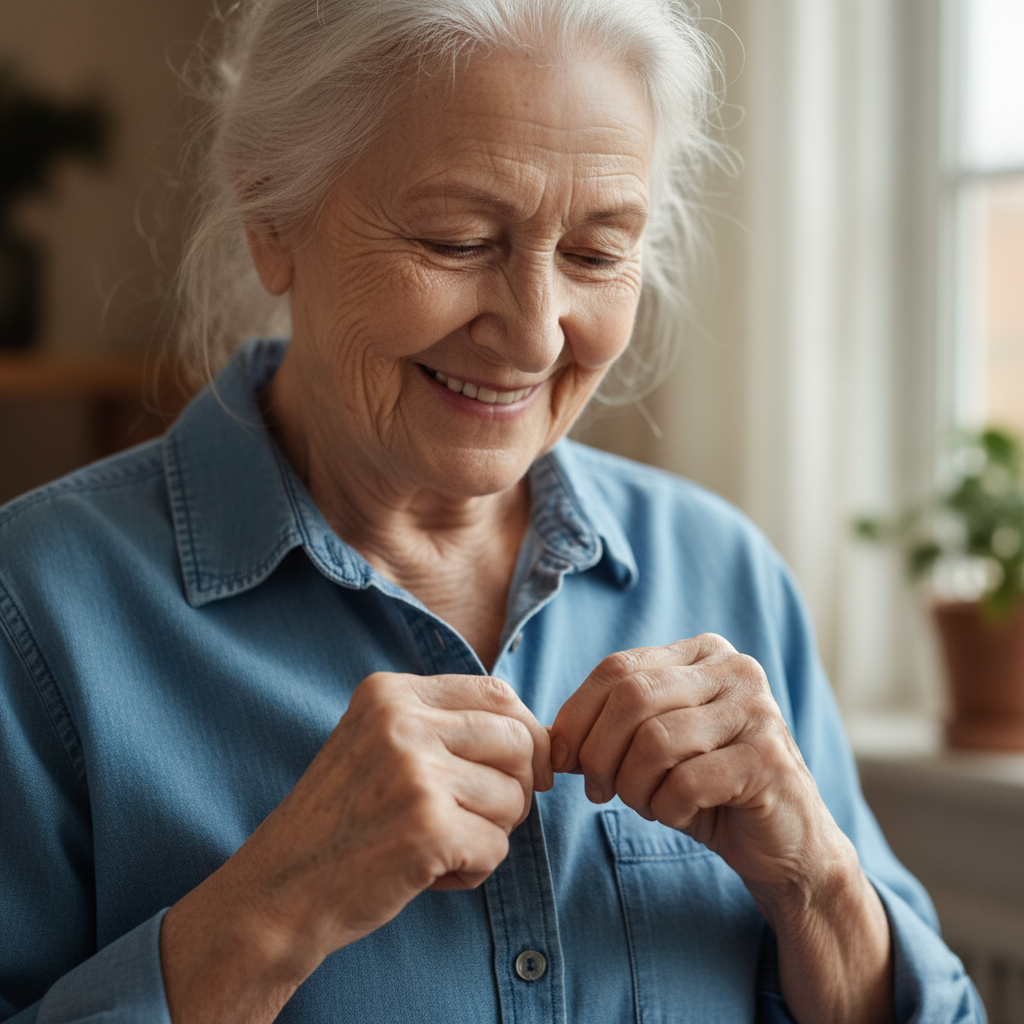 Elderly woman successfully buttoning her shirt independently with a smile