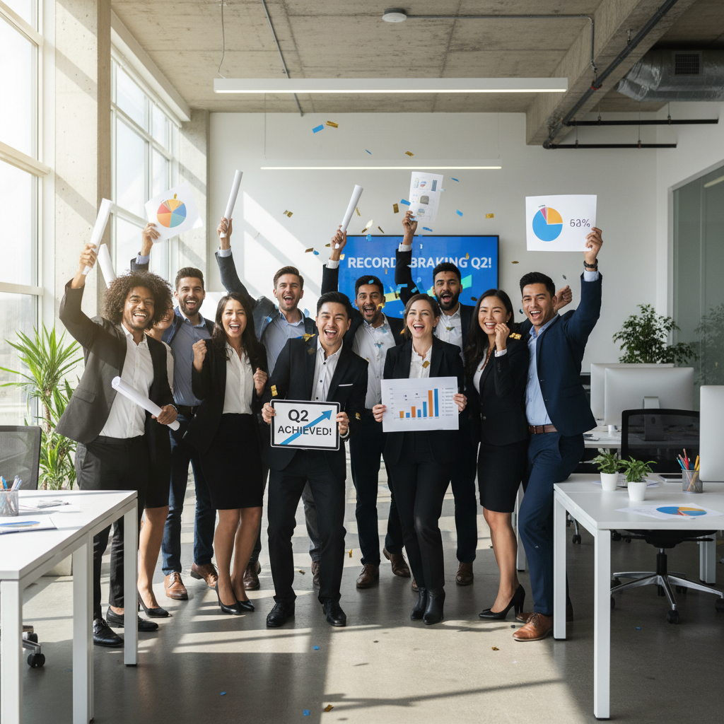 Diverse real estate team celebrating successful quarter with documents and charts