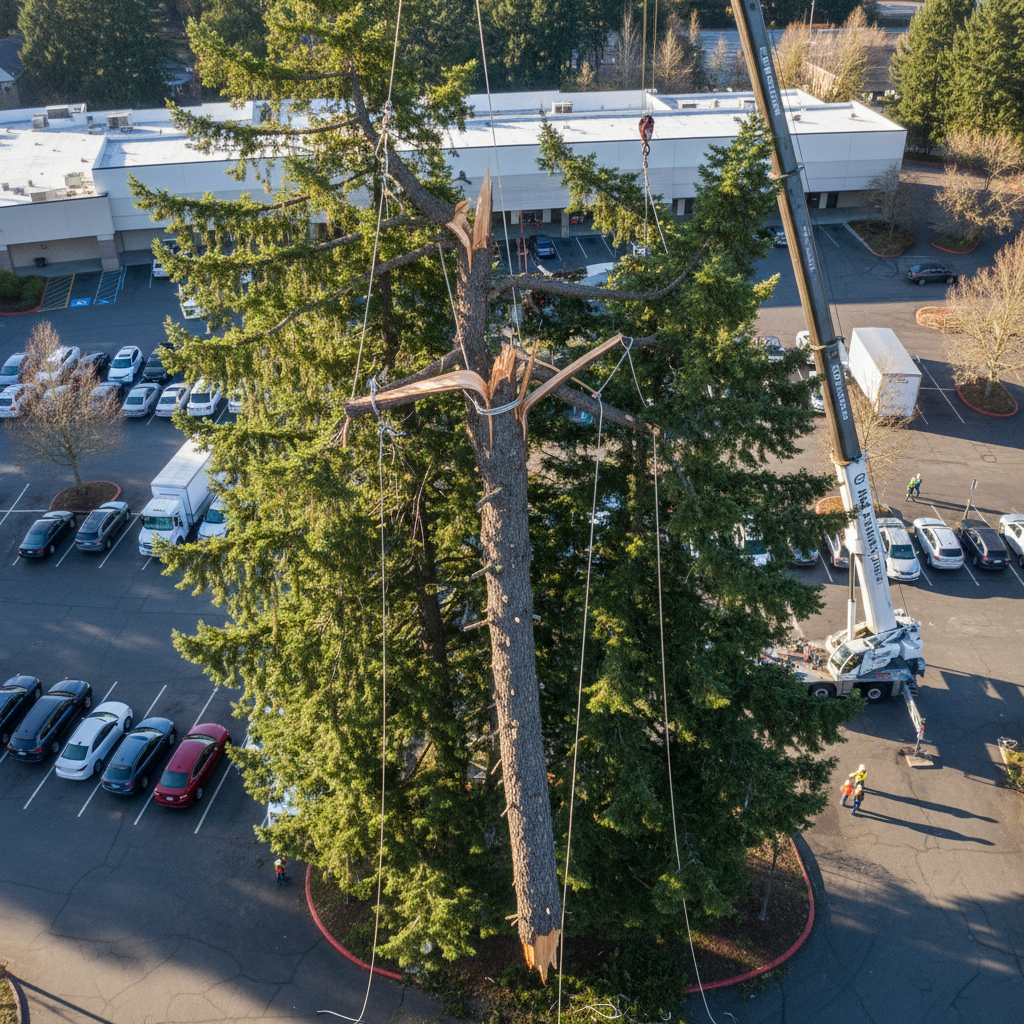 Tall Douglas fir tree with broken crown limb suspended over commercial parking lot, aerial crew rigging cables